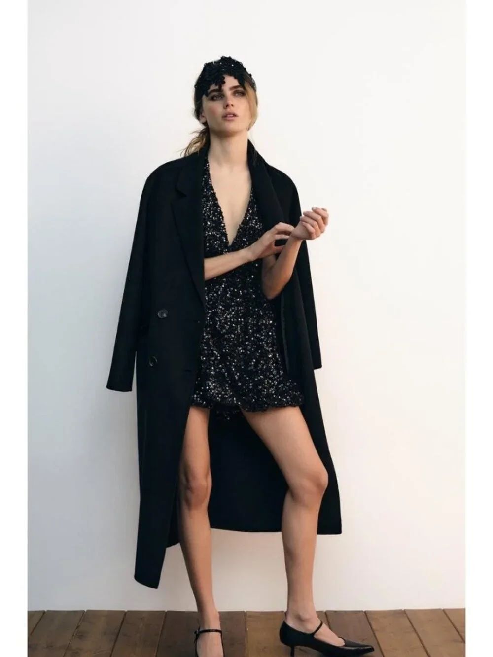 Zara Womens Balloon Sequin Mini Dress XS Black Silver Halterneck 9808/574 NWT